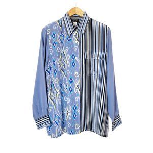 KOOS of course Vintage Silk Blouse Blue and Yellow Long Sleeve Flowy Button Up